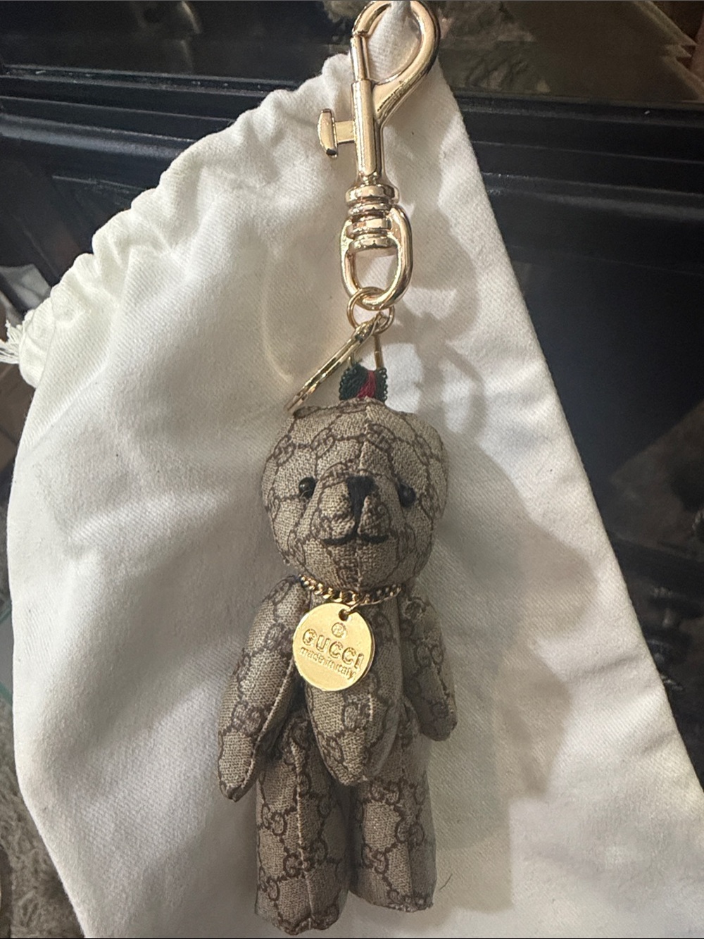 Gucci Beige/Brown GG Canvas Teddy Bear Keyring bag charm with Gold Hardware